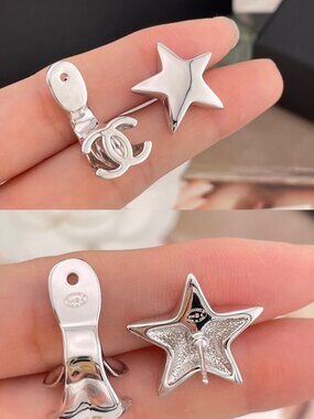 Cha   nel Silver-Tone Interlocking CC Logo Star Drop Earrings